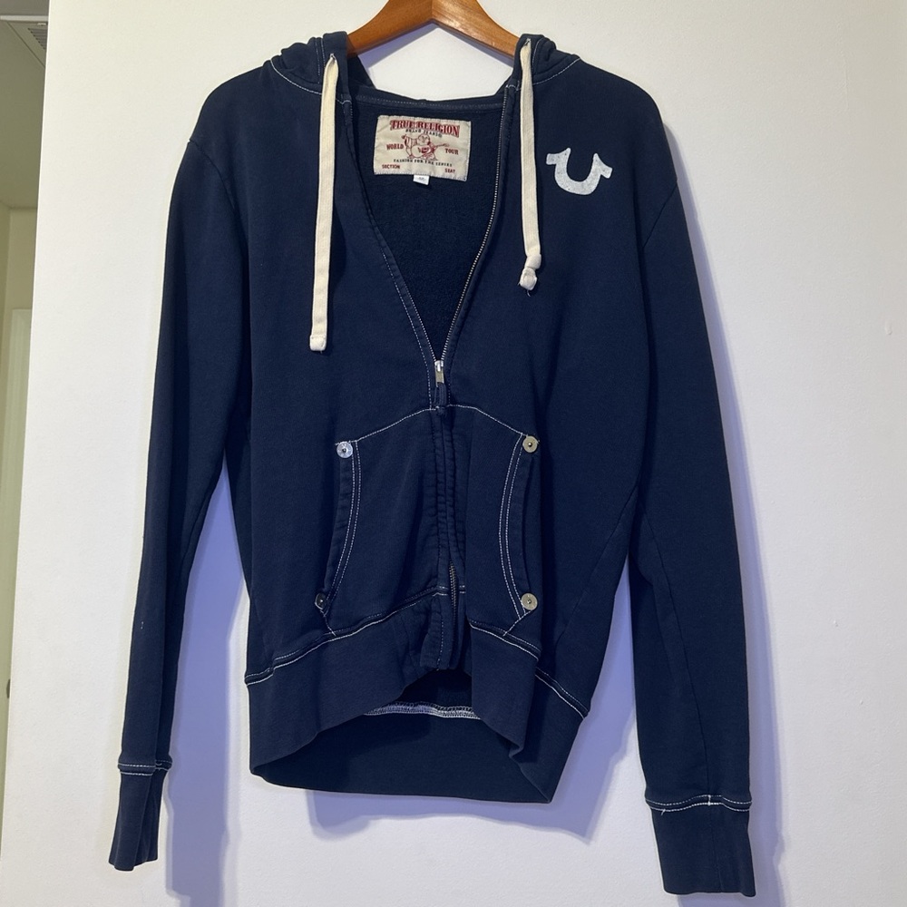 True Religion Blue Varsity Jacket with Hood